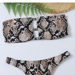 Snake Skin Printed Strappy Bandeau Bikini - Strapless Open Back Padded Swim Top
